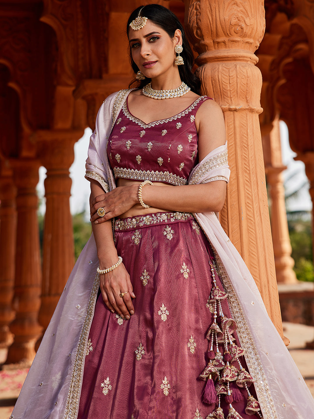 Women's Burgundy Tissue Sequinse embroidery Lehenga choli & Dupatta