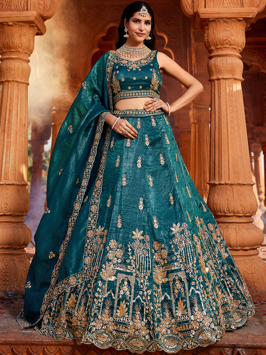 Women's Teal Tissue Handwork cutdana embroidery Lehenga choli & Dupatta