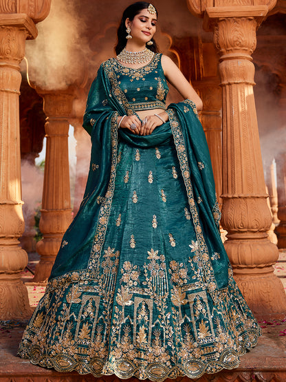 Women's Teal Tissue Handwork cutdana embroidery Lehenga choli & Dupatta