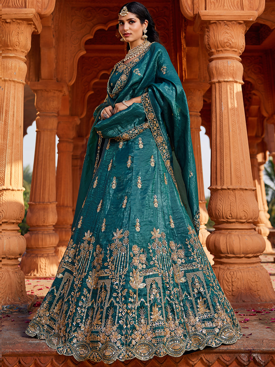 Women's Teal Tissue Handwork cutdana embroidery Lehenga choli & Dupatta
