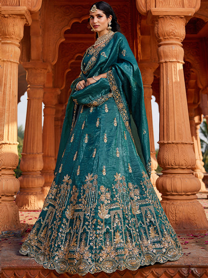 Women's Teal Tissue Handwork cutdana embroidery Lehenga choli & Dupatta