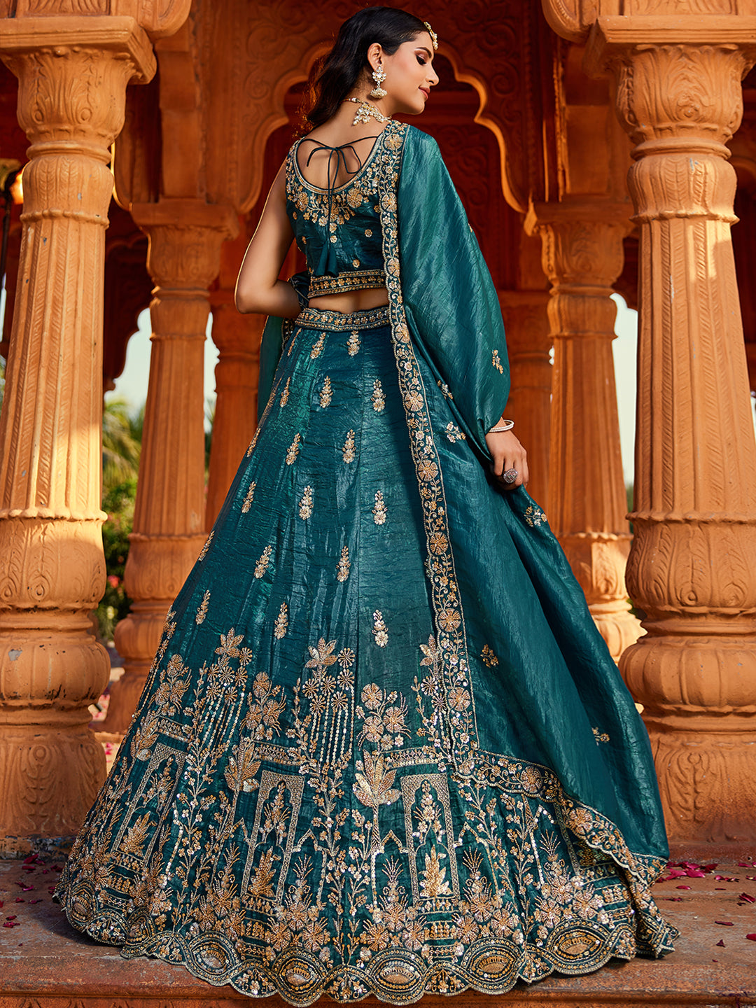 Women's Teal Tissue Handwork cutdana embroidery Lehenga choli & Dupatta