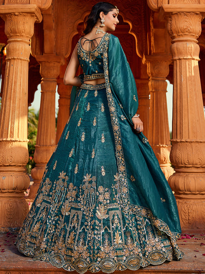 Women's Teal Tissue Handwork cutdana embroidery Lehenga choli & Dupatta