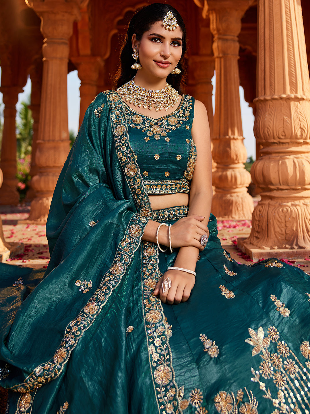Women's Teal Tissue Handwork cutdana embroidery Lehenga choli & Dupatta