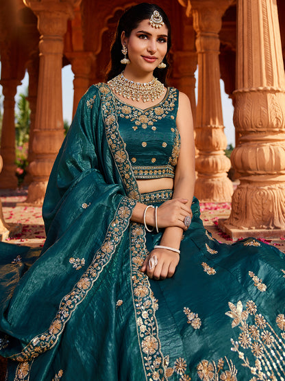 Women's Teal Tissue Handwork cutdana embroidery Lehenga choli & Dupatta