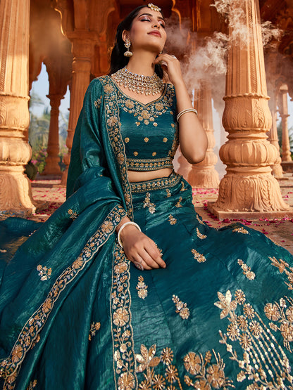 Women's Teal Tissue Handwork cutdana embroidery Lehenga choli & Dupatta