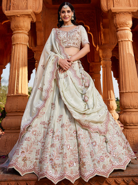 Women's Cream colour Tissue Sequinse embroidery Lehenga choli & Dupatta