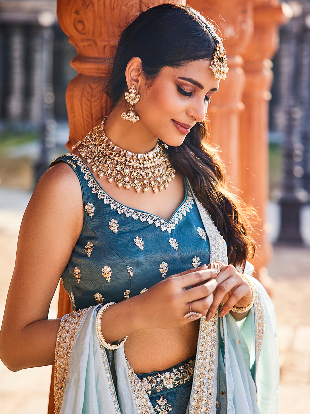 Women's Blue Tissue Sequinse embroidery Lehenga choli & Dupatta