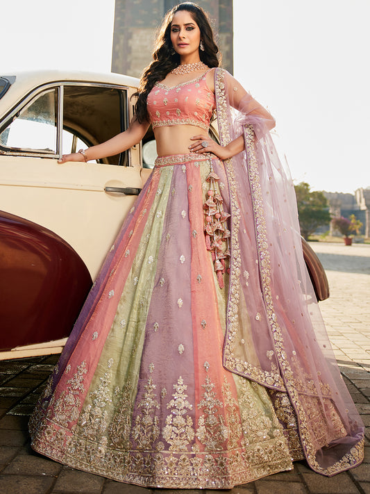 Women's Multi colour Tissue Sequinse embroidery Lehenga choli & Dupatta