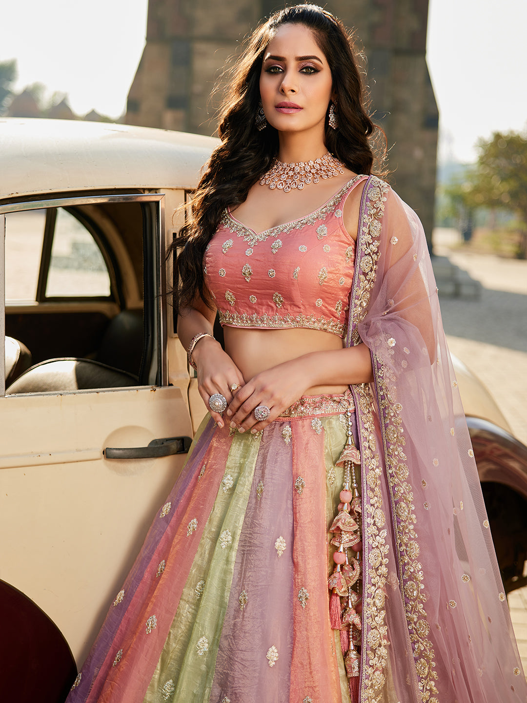 Women's Multi colour Tissue Sequinse embroidery Lehenga choli & Dupatta