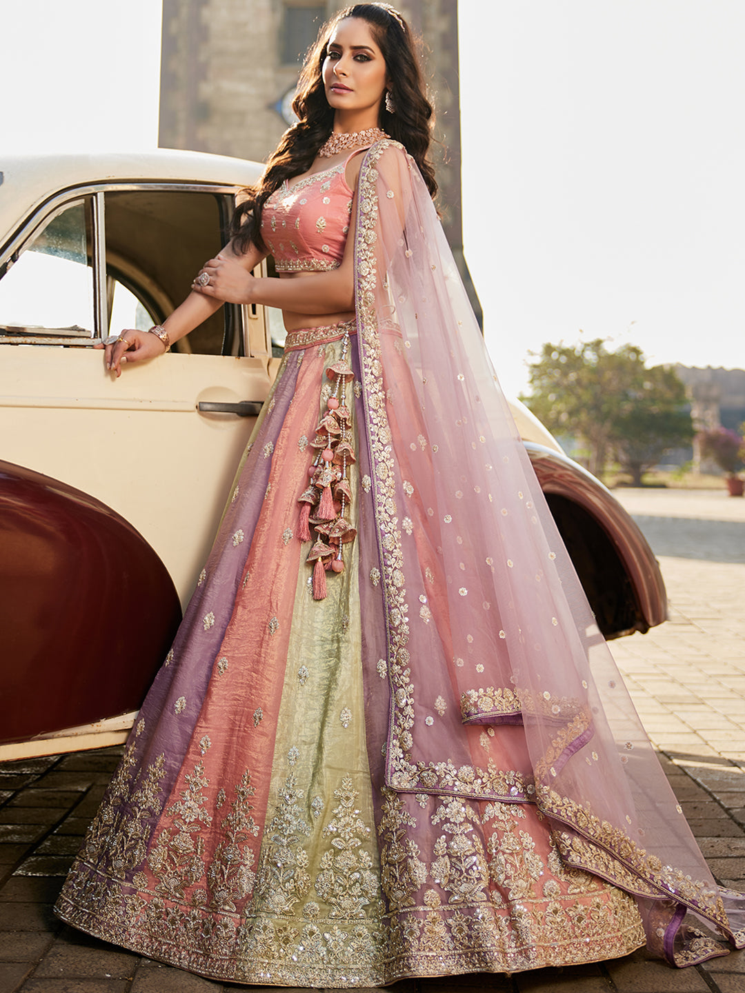 Women's Multi colour Tissue Sequinse embroidery Lehenga choli & Dupatta