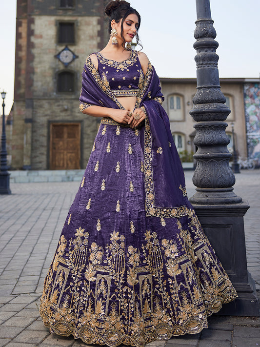 Women's Purple Tissue Handwork cutdana embroidery Lehenga choli & Dupatta