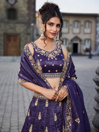 Women's Purple Tissue Handwork cutdana embroidery Lehenga choli & Dupatta