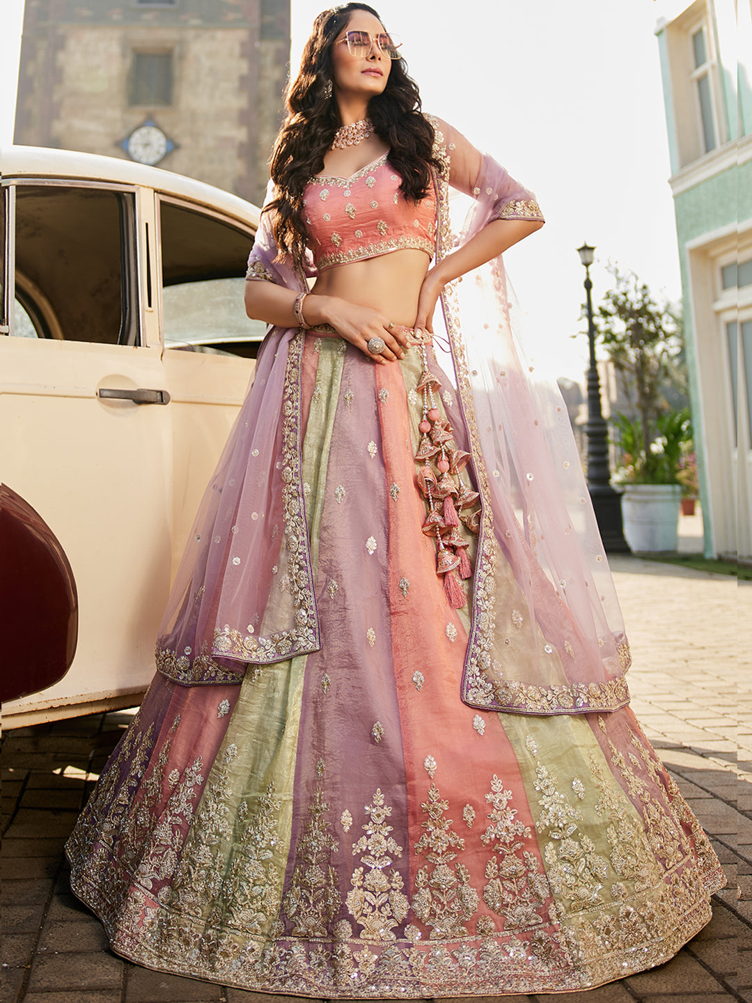 Women's Multi colour Tissue Sequinse embroidery Lehenga choli & Dupatta