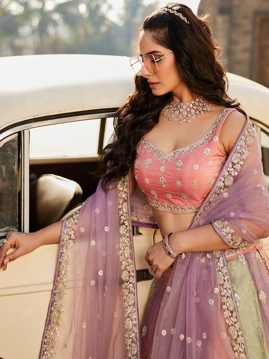 Women's Multi colour Tissue Sequinse embroidery Lehenga choli & Dupatta