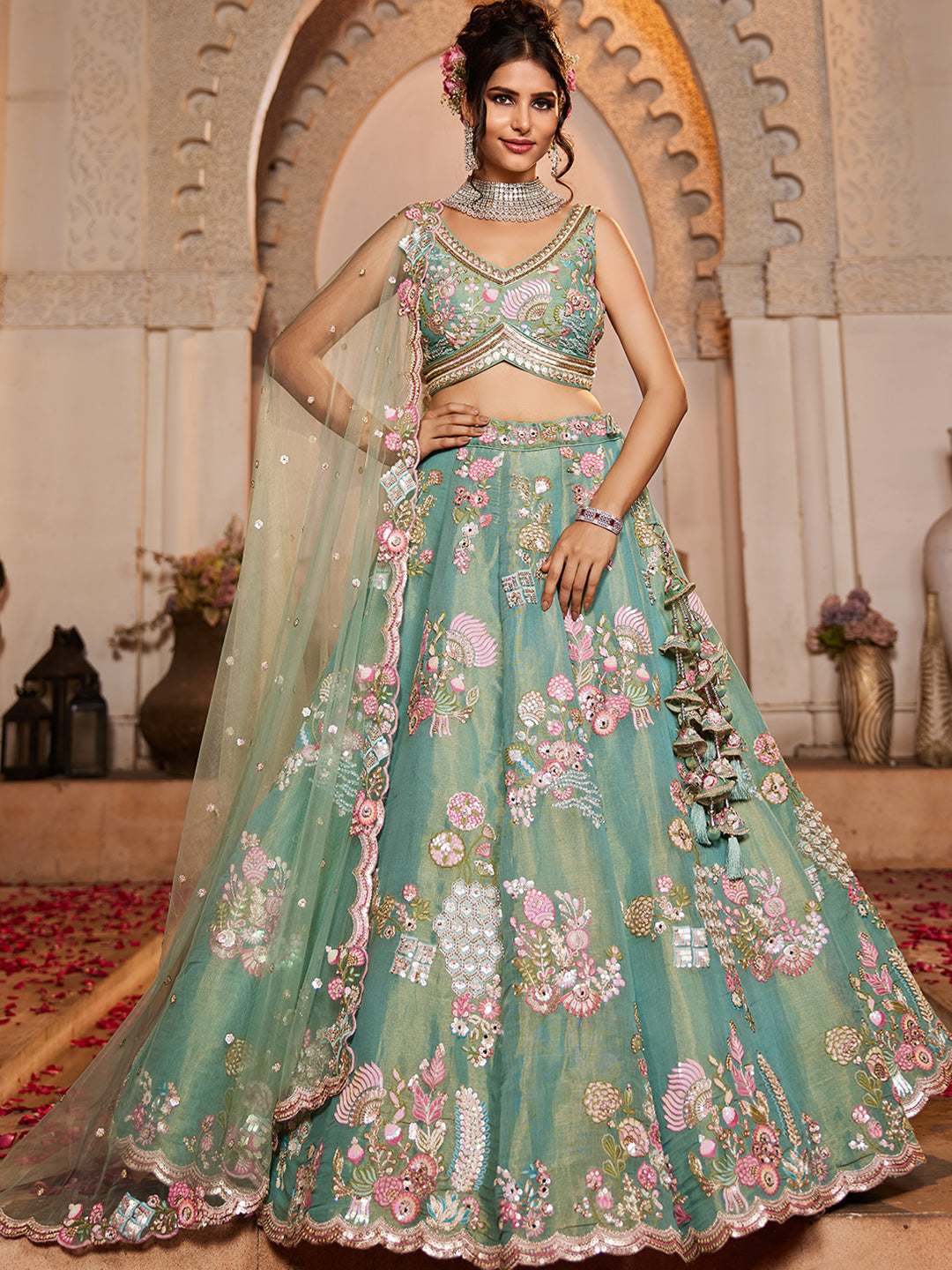 Women's Sea Green Net Sequinse embroidery Lehenga choli & Dupatta