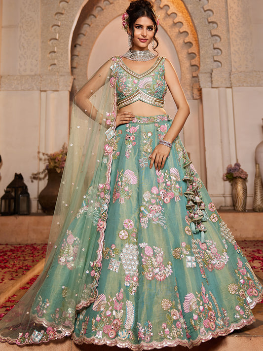 Women's Sea Green Net Sequinse embroidery Lehenga choli & Dupatta