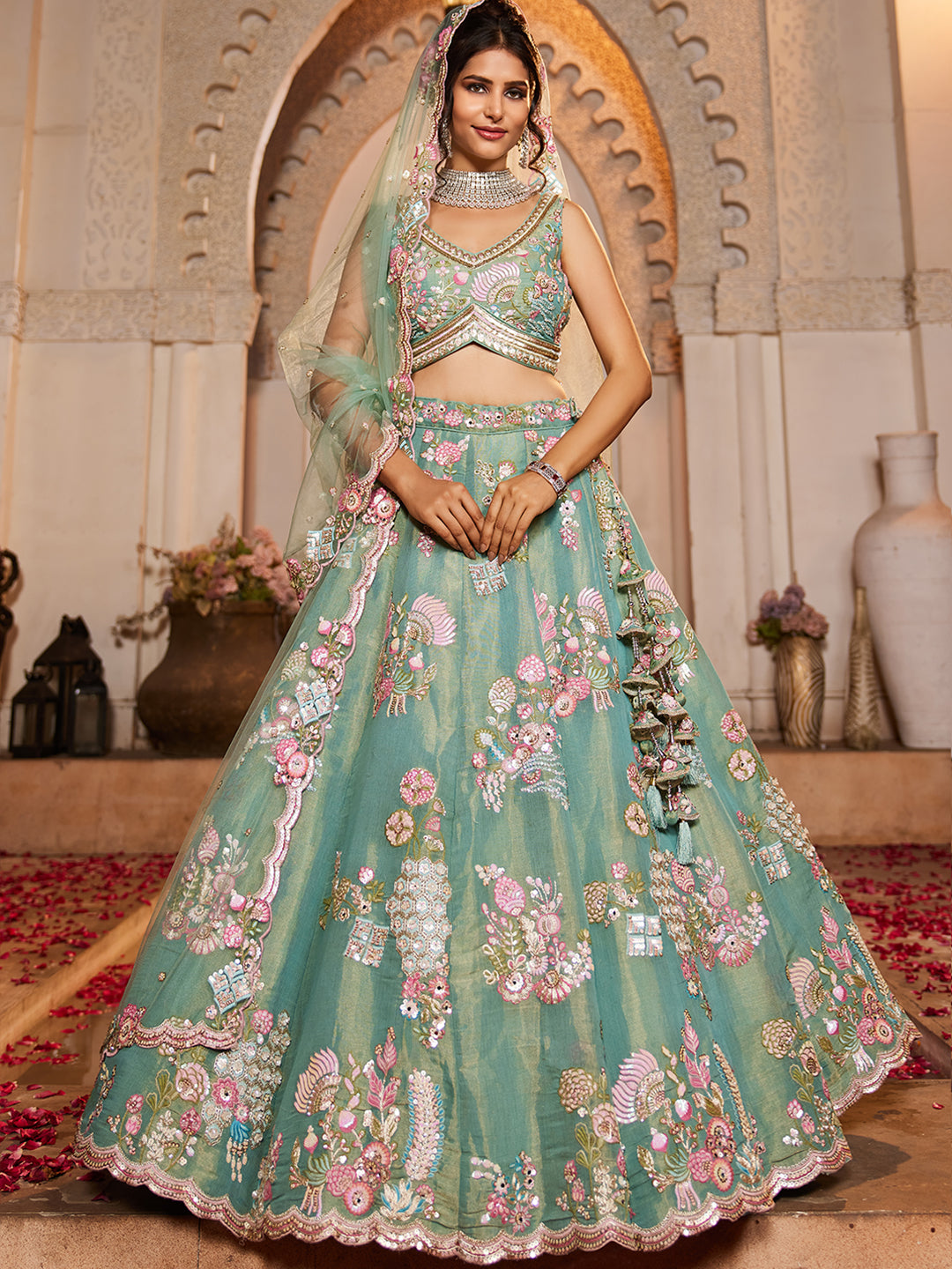 Women's Sea Green Net Sequinse embroidery Lehenga choli & Dupatta