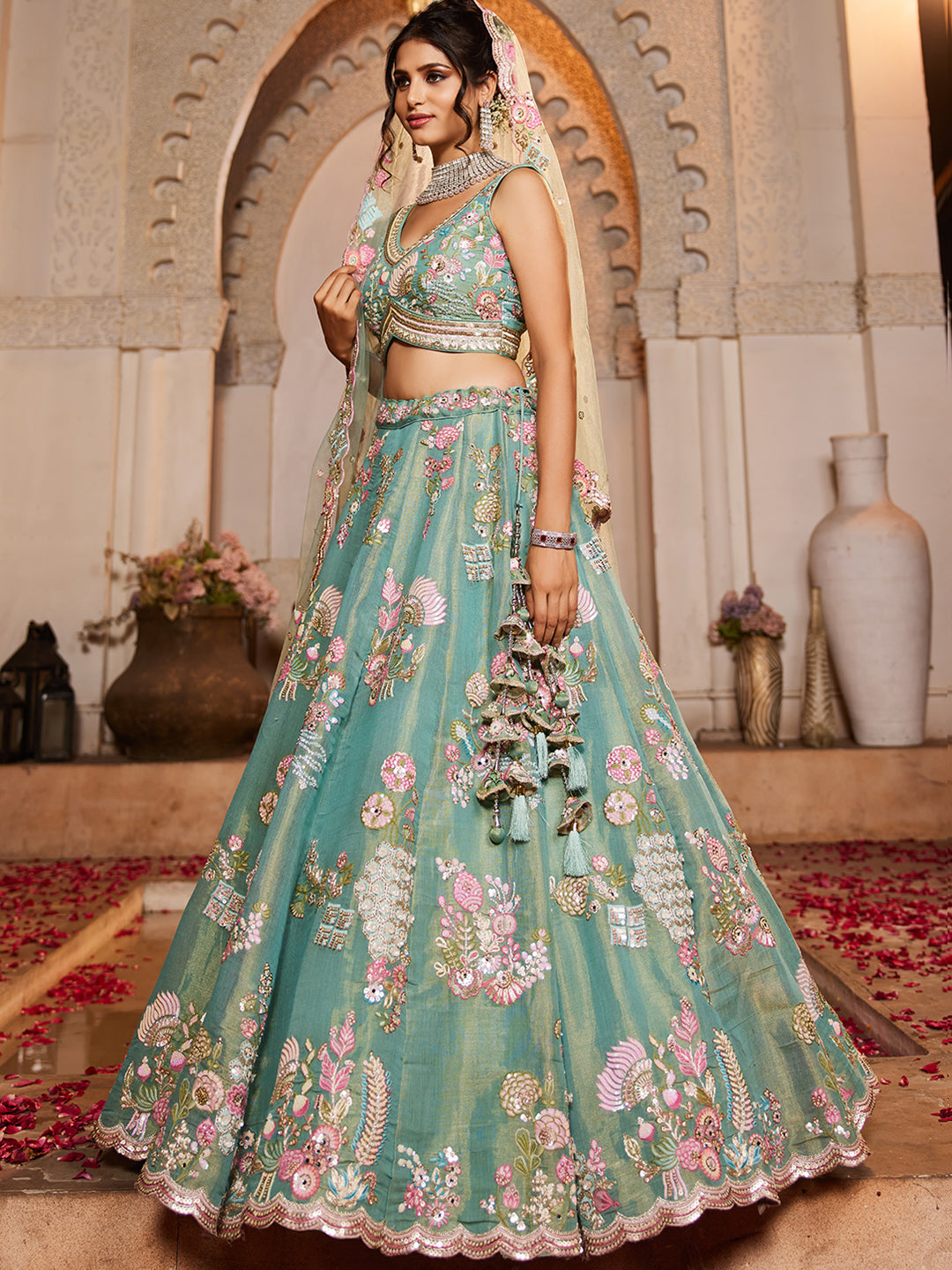 Women's Sea Green Net Sequinse embroidery Lehenga choli & Dupatta