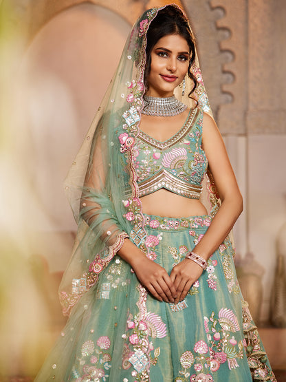 Women's Sea Green Net Sequinse embroidery Lehenga choli & Dupatta