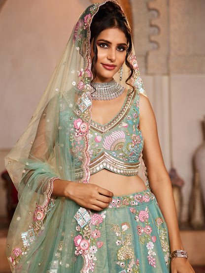 Women's Sea Green Net Sequinse embroidery Lehenga choli & Dupatta