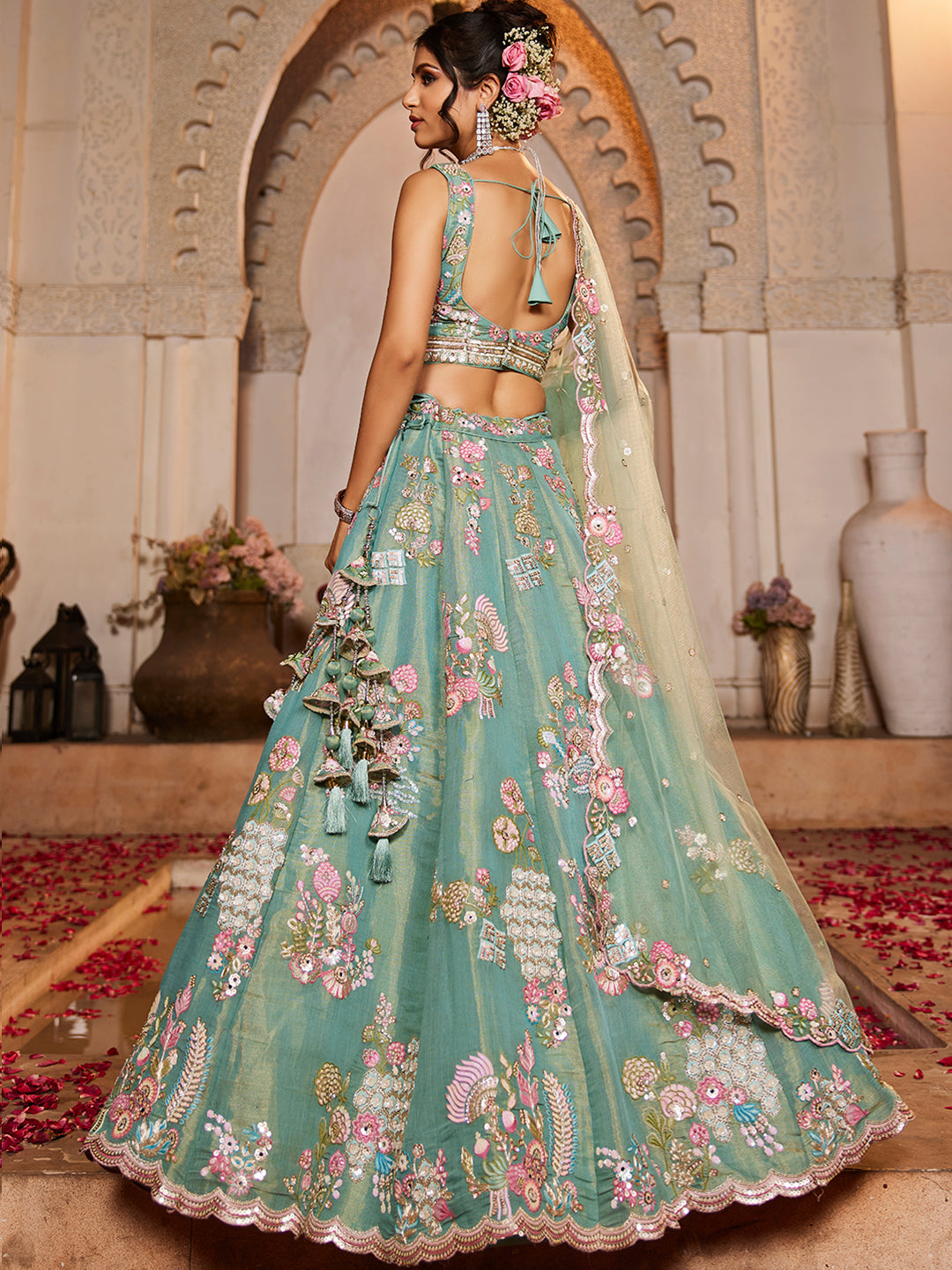 Women's Sea Green Net Sequinse embroidery Lehenga choli & Dupatta