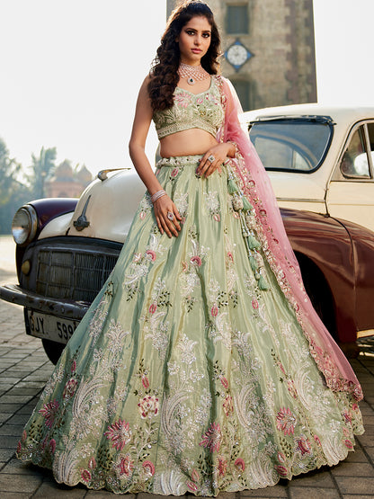 Women's Lime green Satin Silk Sequins embroidery Lehenga choli & Dupatta