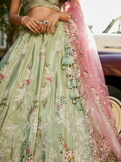 Women's Lime green Satin Silk Sequins embroidery Lehenga choli & Dupatta