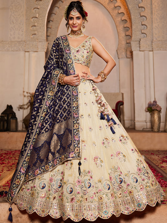 Women's Cream colour Tissue Sequinse embroidery Lehenga choli & Dupatta