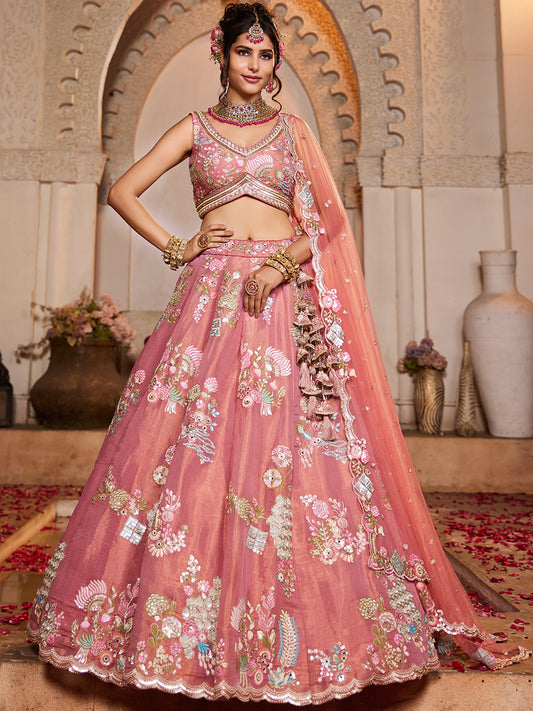 Women's Pink Net Sequinse embroidery Lehenga choli & Dupatta