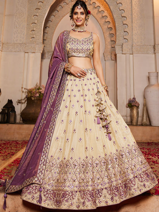 Women's Cream colour Tissue Sequinse embroidery Lehenga choli & Dupatta