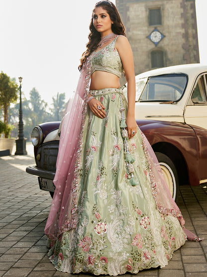 Women's Lime green Satin Silk Sequins embroidery Lehenga choli & Dupatta