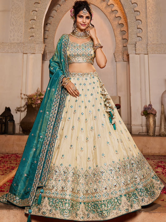 Women's Cream colour Tissue Sequinse embroidery Lehenga choli & Dupatta
