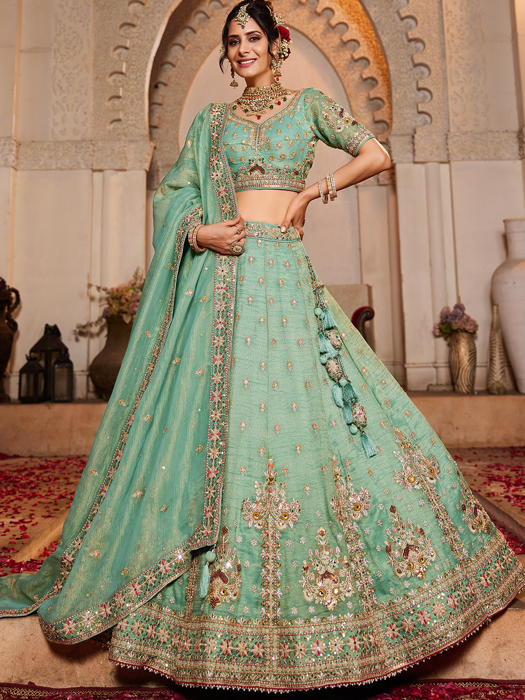 Women's Lime green colour Tissue Sequinse embroidery Lehenga choli & Dupatta