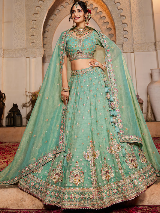 Women's Lime green colour Tissue Sequinse embroidery Lehenga choli & Dupatta