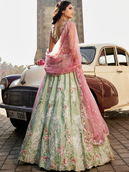 Women's Lime green Satin Silk Sequins embroidery Lehenga choli & Dupatta