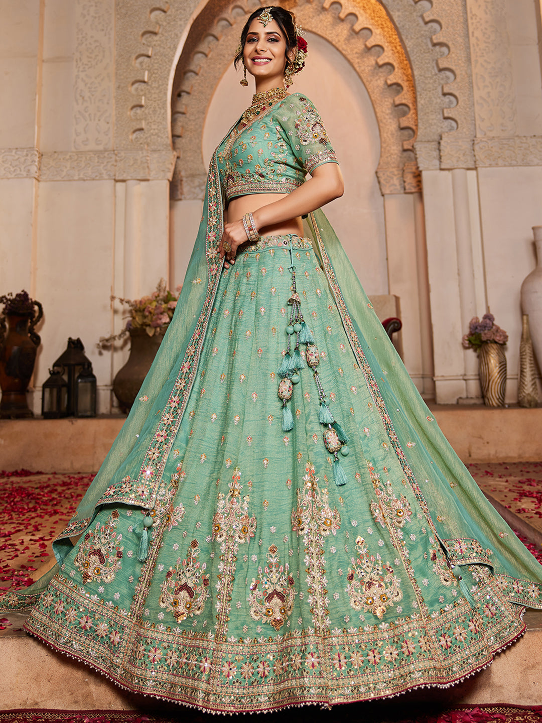 Women's Lime green colour Tissue Sequinse embroidery Lehenga choli & Dupatta