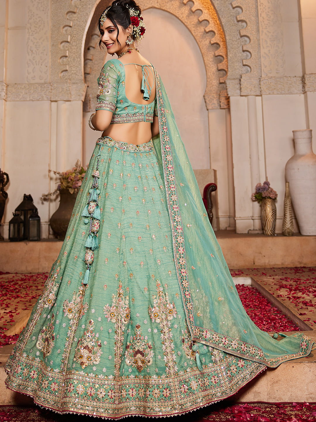 Women's Lime green colour Tissue Sequinse embroidery Lehenga choli & Dupatta