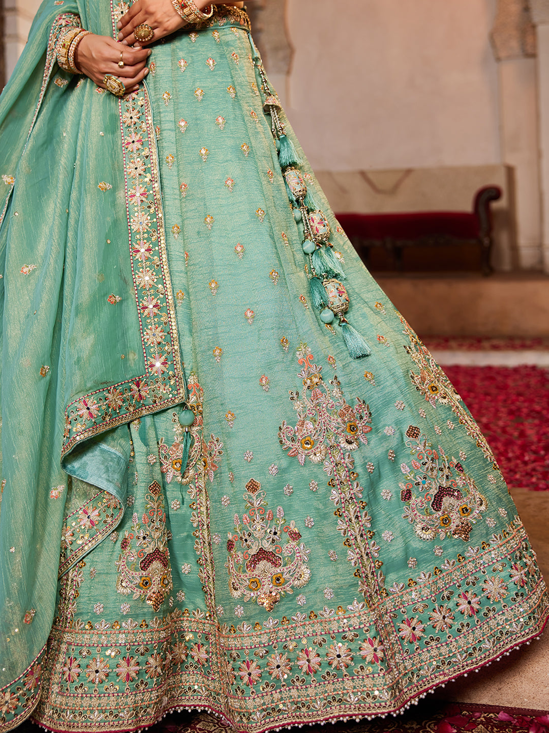 Women's Lime green colour Tissue Sequinse embroidery Lehenga choli & Dupatta