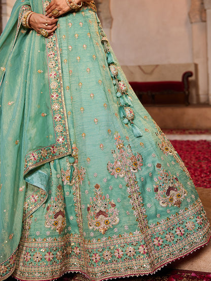 Women's Lime green colour Tissue Sequinse embroidery Lehenga choli & Dupatta