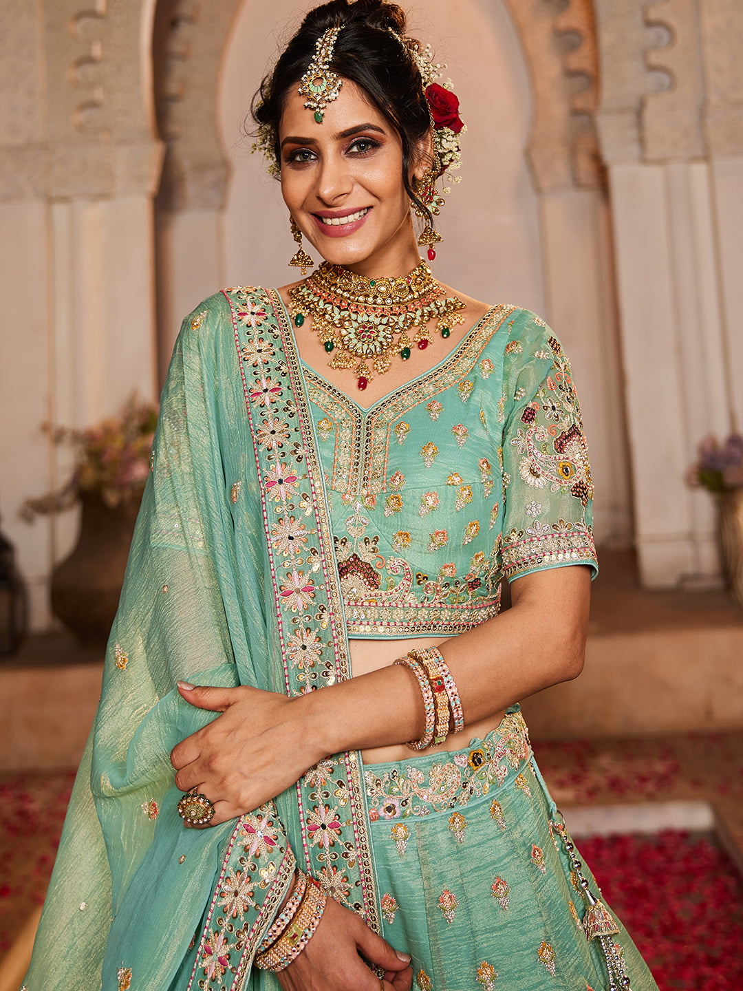 Women's Lime green colour Tissue Sequinse embroidery Lehenga choli & Dupatta