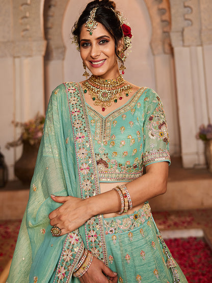Women's Lime green colour Tissue Sequinse embroidery Lehenga choli & Dupatta