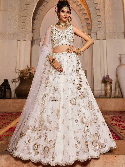 Women's Off White Tissue Fabric Sequins embroidery Lehenga choli & Dupatta