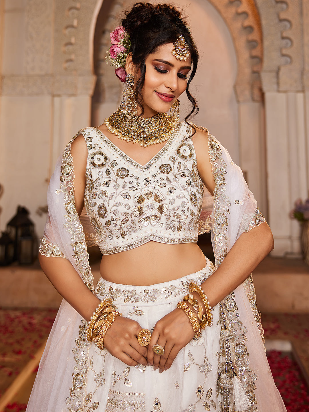 Women's Off White Tissue Fabric Sequins embroidery Lehenga choli & Dupatta