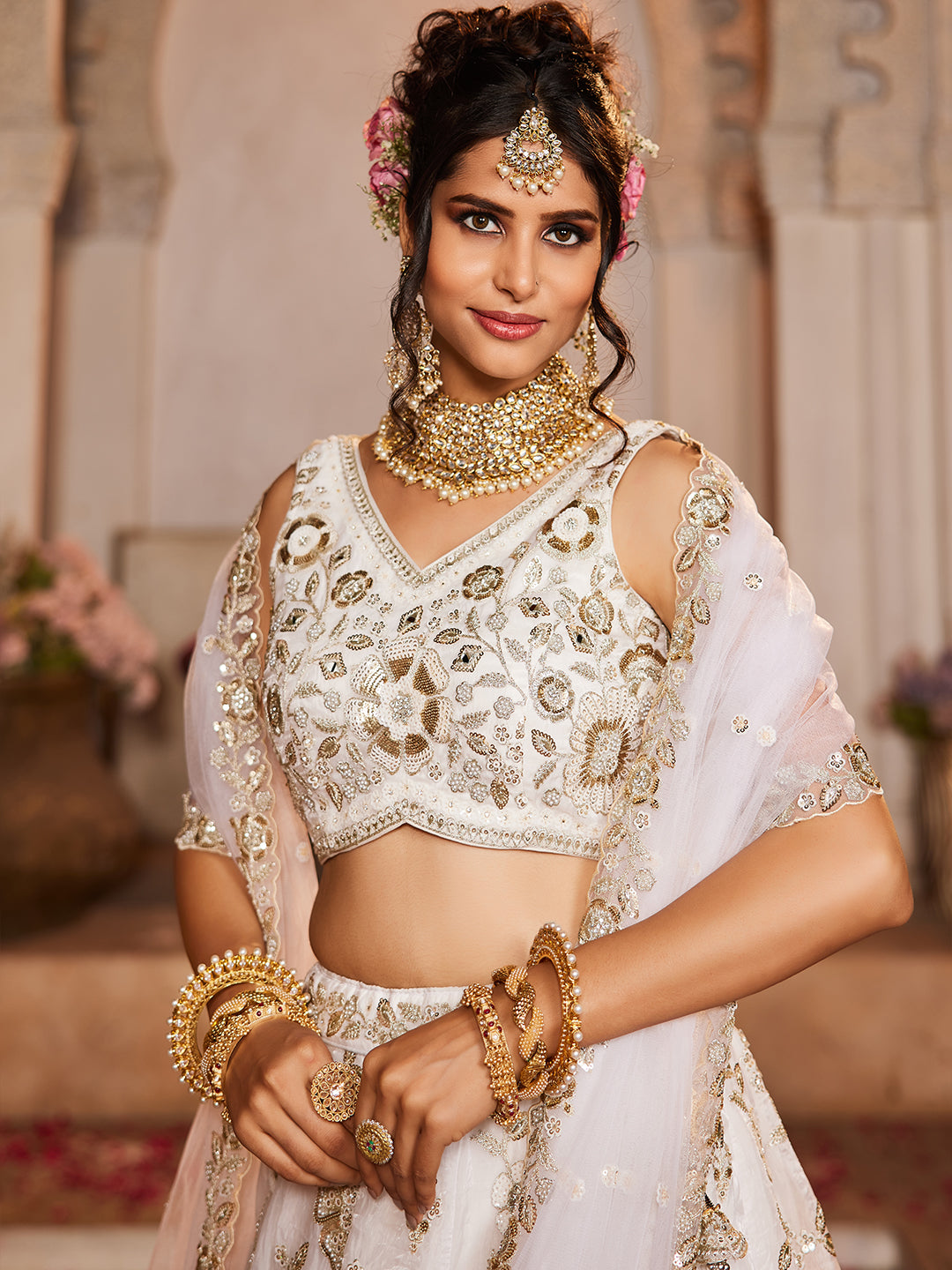 Women's Off White Tissue Fabric Sequins embroidery Lehenga choli & Dupatta