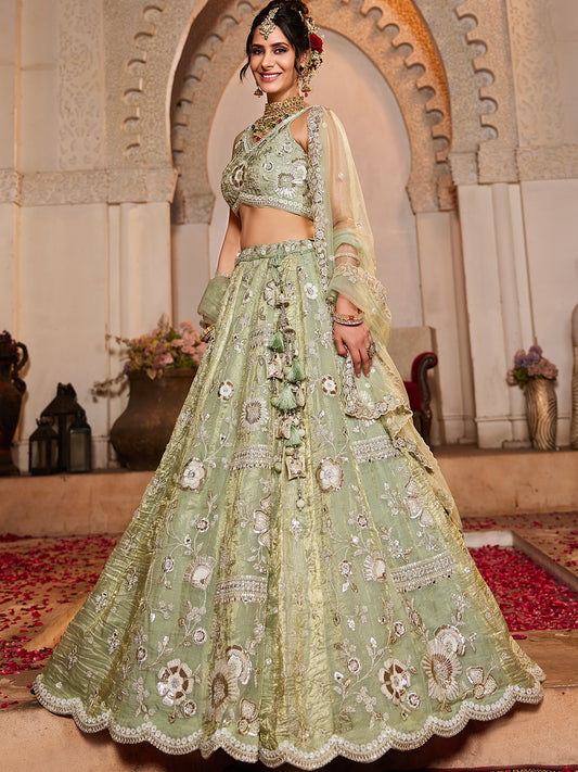 Women's Lime Green Tissue Fabric Sequins embroidery Lehenga choli & Dupatta