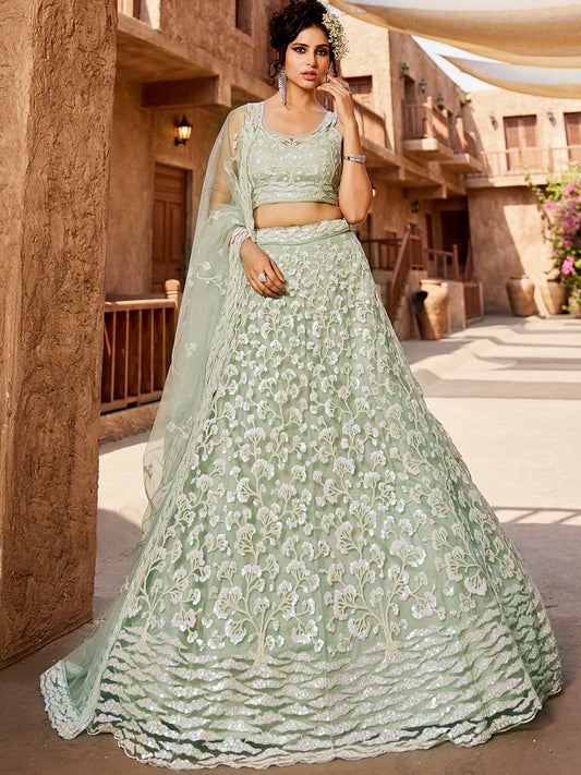 Women's Lime Green Net Sequinse embroidery Lehenga choli & Dupatta