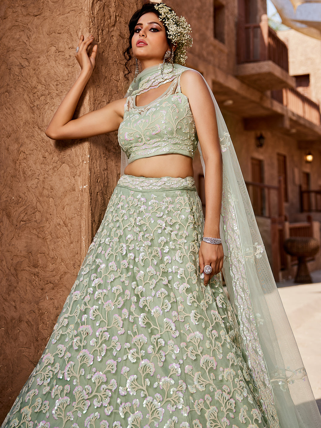 Women's Lime Green Net Sequinse embroidery Lehenga choli & Dupatta