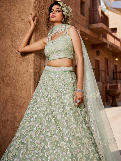 Women's Lime Green Net Sequinse embroidery Lehenga choli & Dupatta
