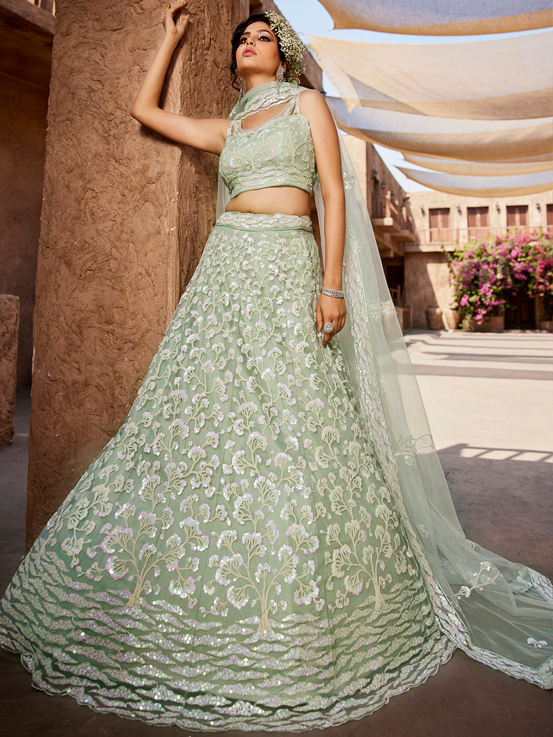 Women's Lime Green Net Sequinse embroidery Lehenga choli & Dupatta